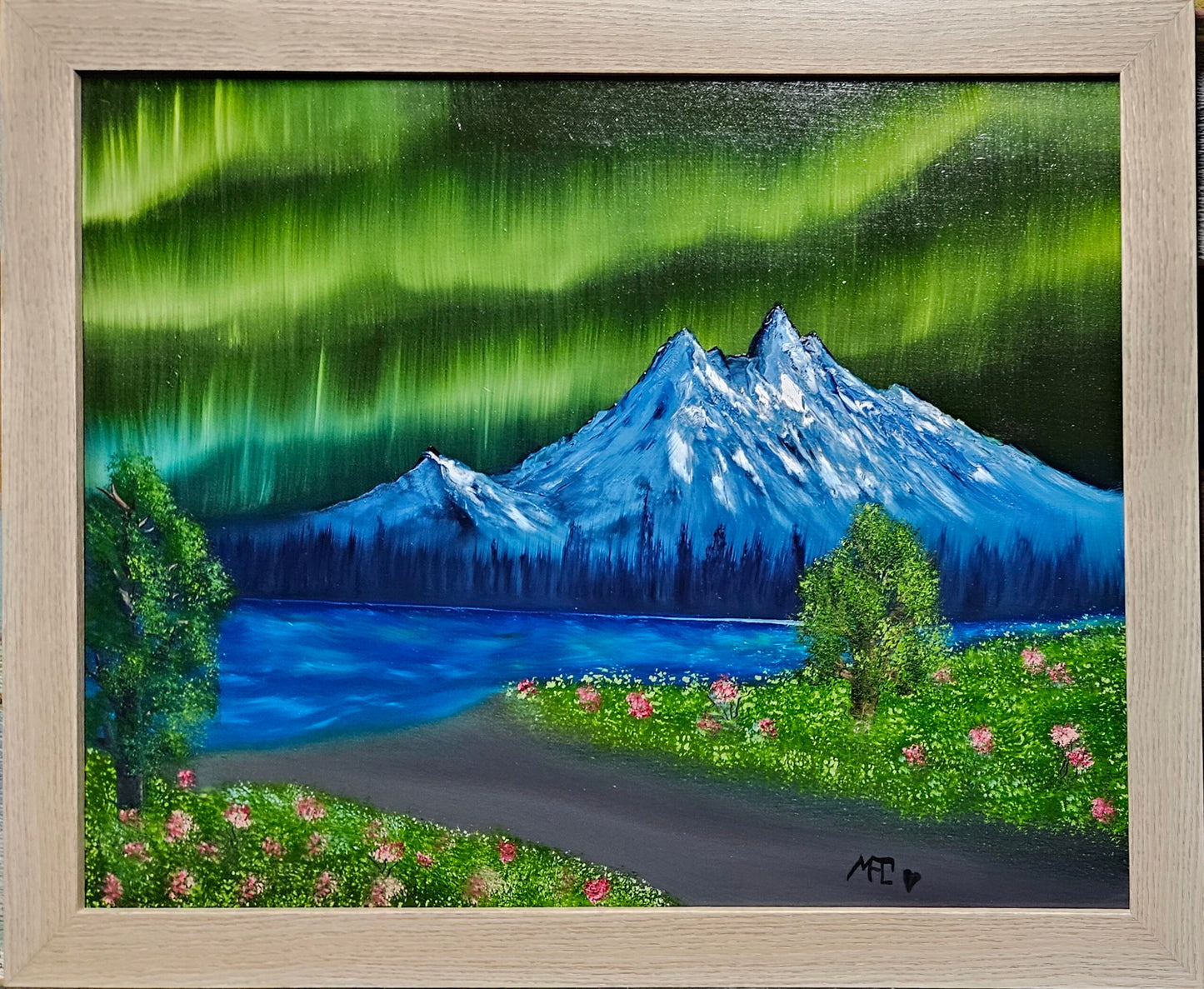 #40 Aurora Mountain with river and access,  16x20 framed.